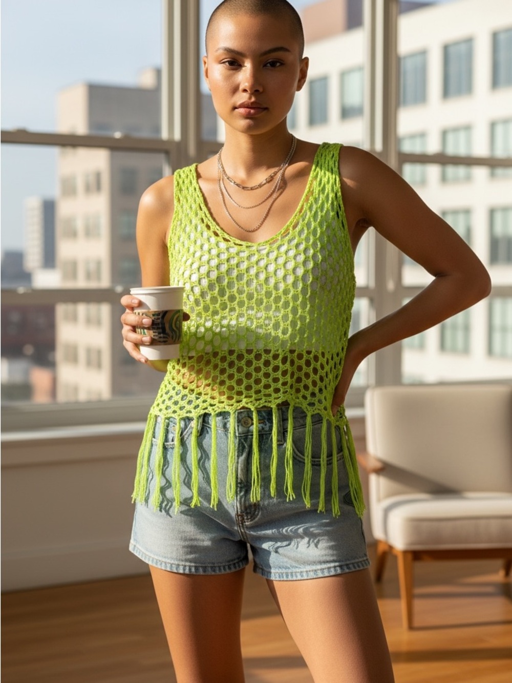 NEW• Soul Sunrise Leanna Bright Lime Crochet & Fringe Top- S & M - Picture 1 of 15
